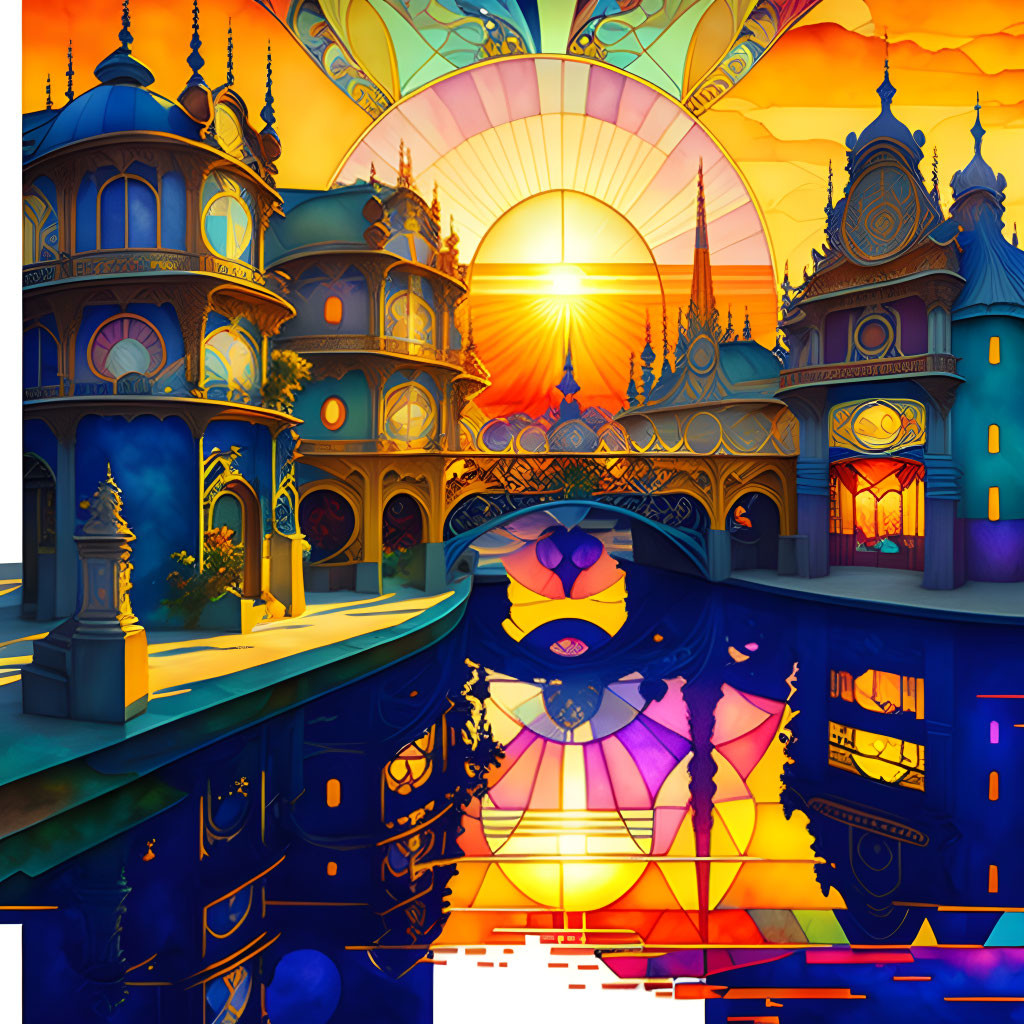 Fantasy castle silhouette at vibrant sunset with intricate architecture.