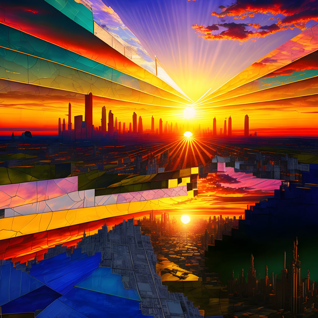 City skyline digital artwork: geometric fragmentation effect, sunset reflections.