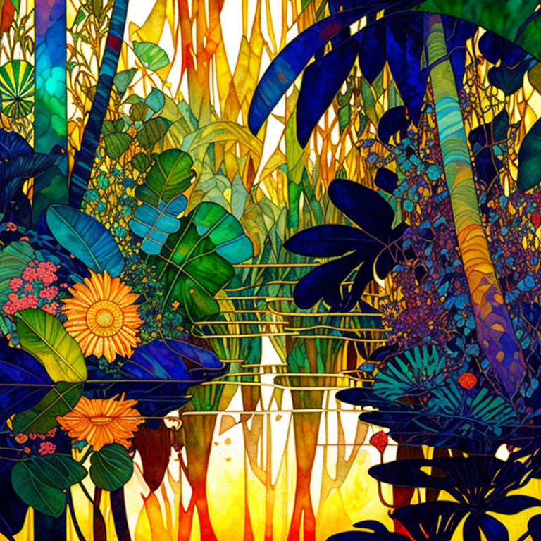 Colorful Tropical Forest Illustration with Mosaic Pattern