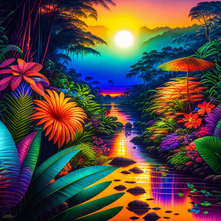 Colorful Tropical Sunset Landscape with River and Stepping Stones