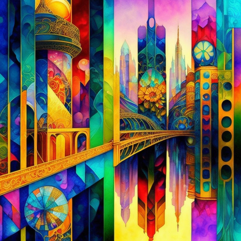 Colorful Abstract Cityscape Artwork with Stained-Glass Mosaic Style