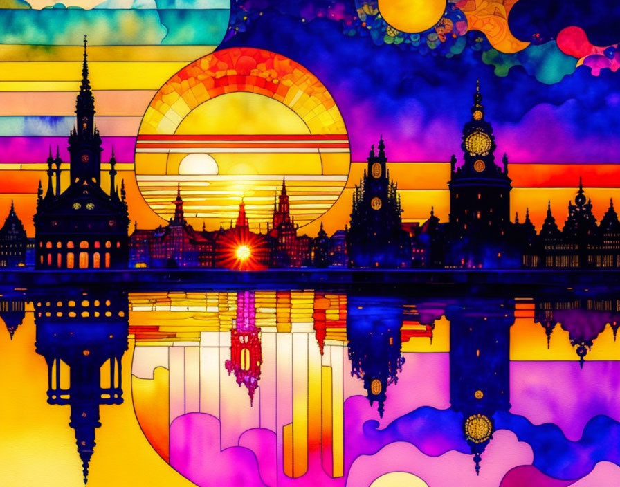 Colorful sunset artwork with silhouetted architecture and psychedelic sky