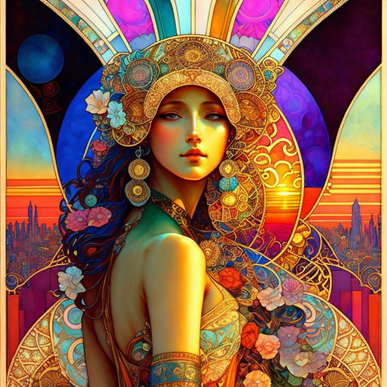 Colorful Artwork of Woman with Ornate Headwear and Celestial Background