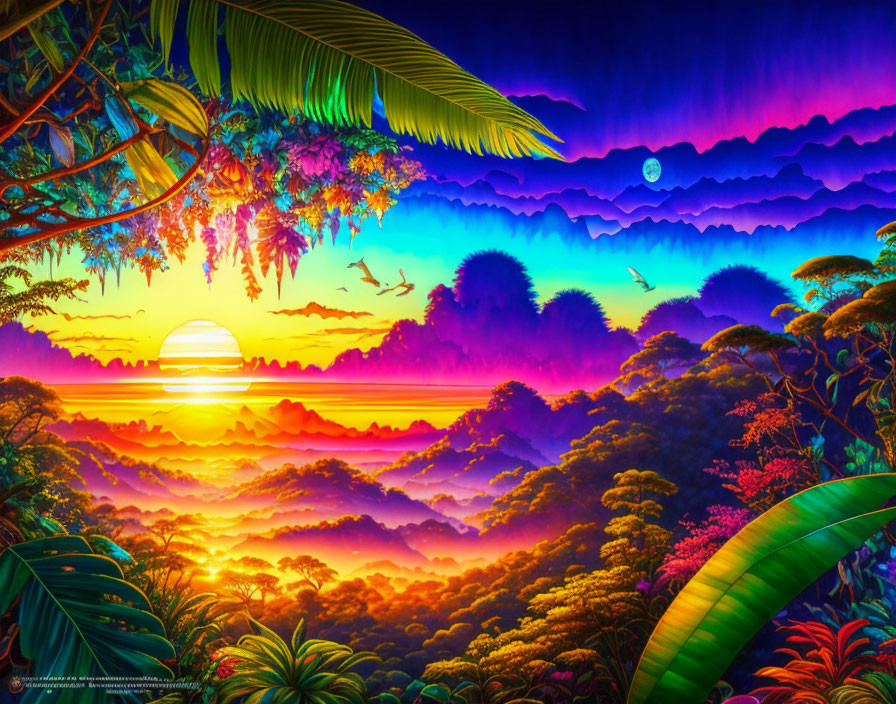 Colorful Tropical Sunset with Lush Foliage and Birds in Flight