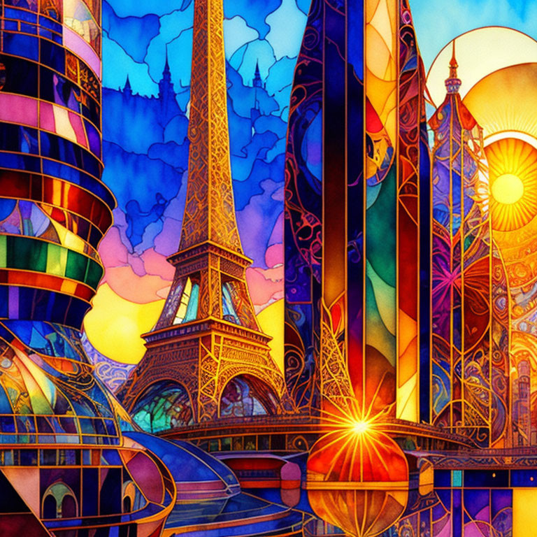 Colorful Stained-Glass Style Eiffel Tower Illustration