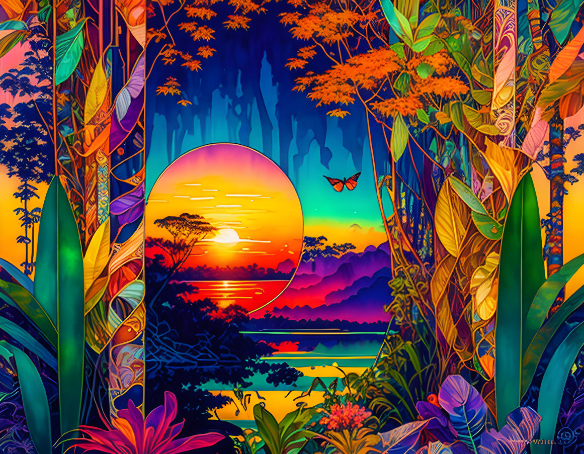 Colorful Tropical Jungle Illustration with Setting Sun, Flora, Water, and Butterfly