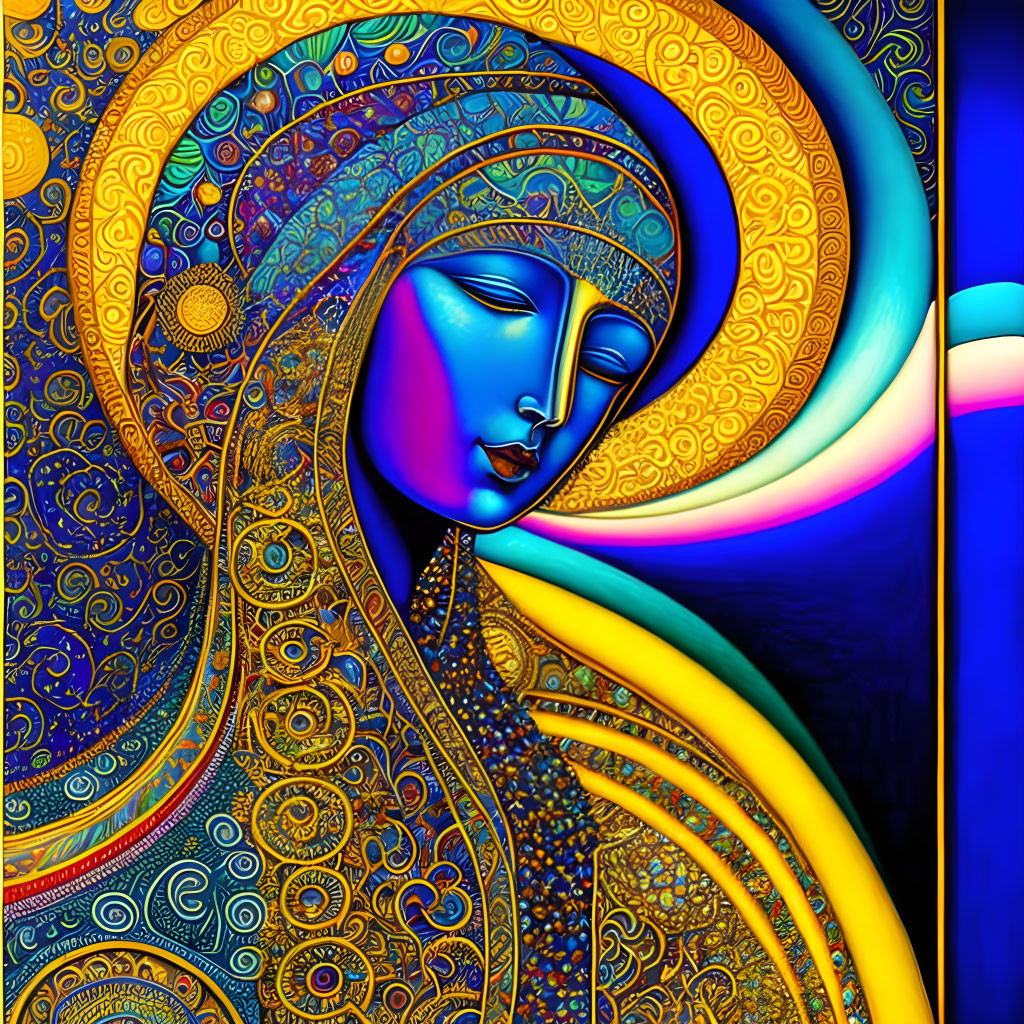 Colorful artwork: Stylized woman in blue and gold with mystical vibe