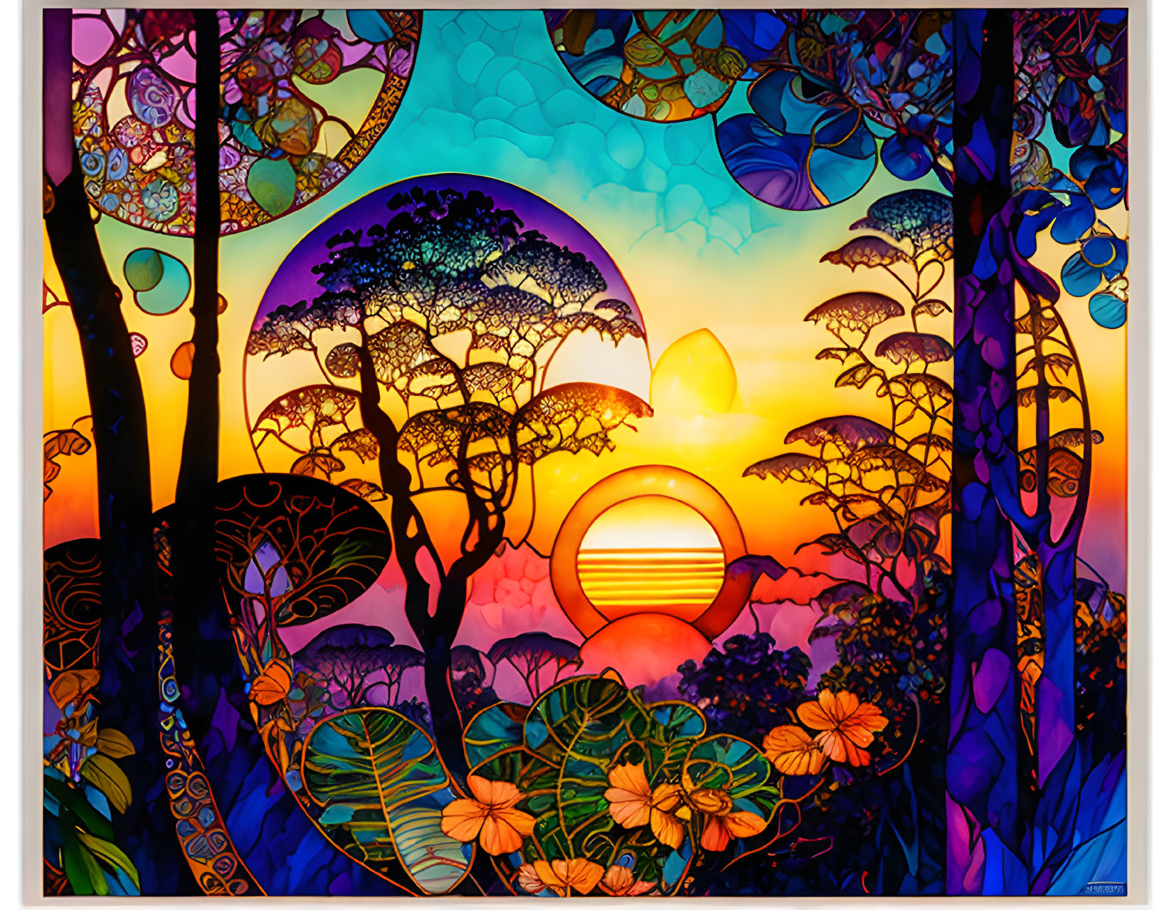 Colorful Stained Glass Style Forest Sunset Artwork