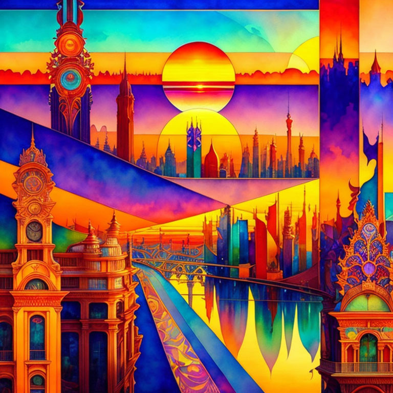 Colorful Fantastical Cityscape with Architectural Elements at Sunset