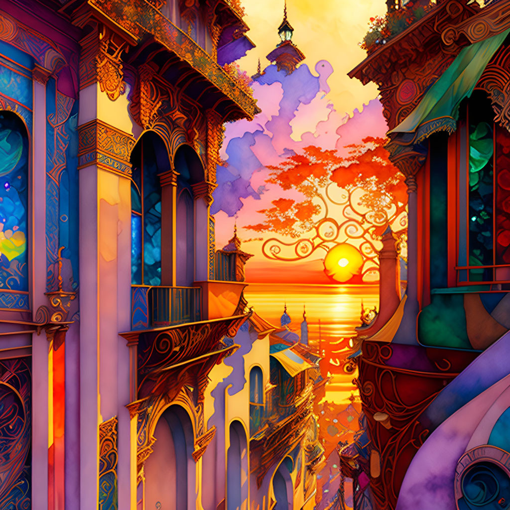 Colorful cityscape illustration at sunset with ornate buildings.