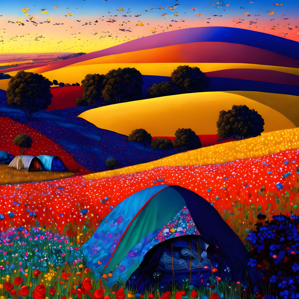 Colorful sunset landscape with rolling hills, meadow, tents, and flying birds.