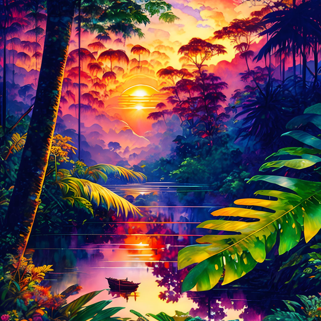 Lush Jungle Sunset with River and Boat