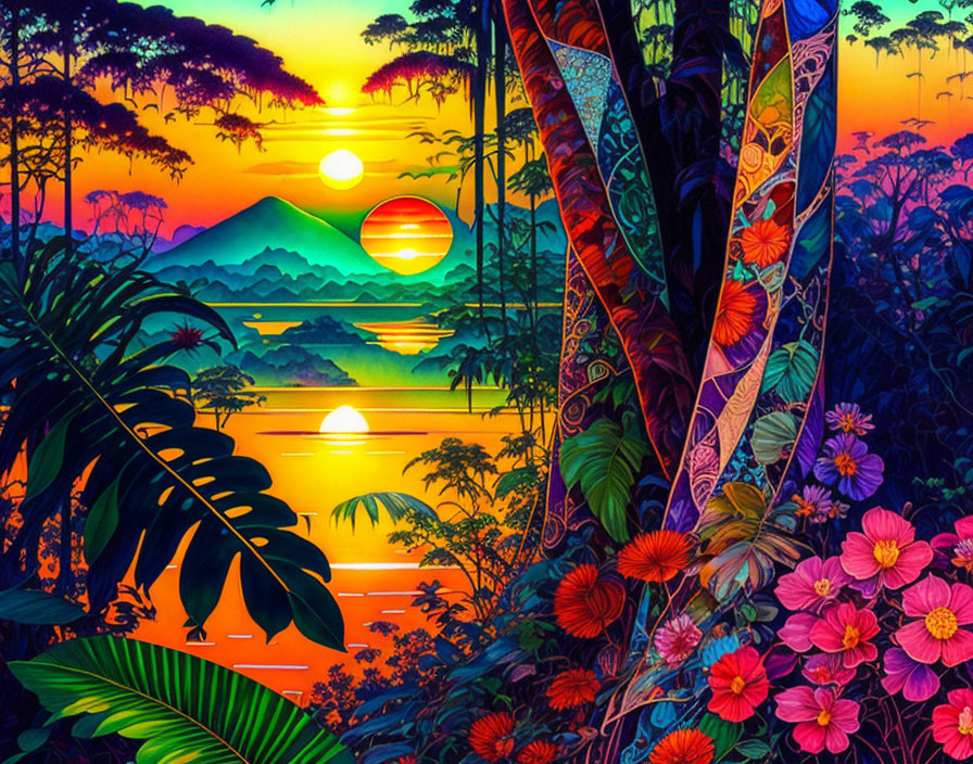 Colorful Tropical Sunset Illustration with Floral Patterns and Tree Silhouettes