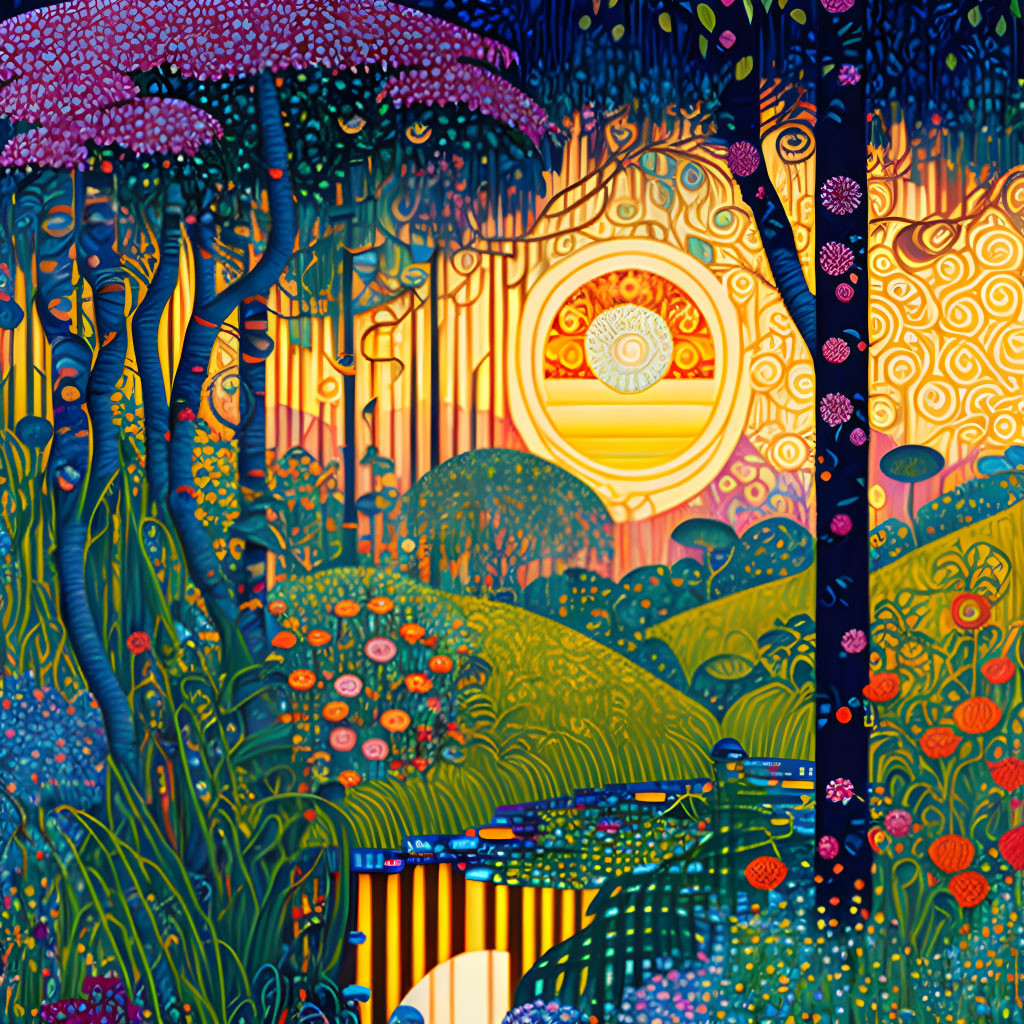 Colorful landscape with stylized trees and radiant sun