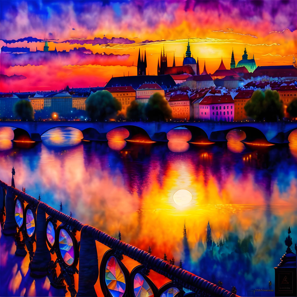 Colorful Prague skyline and Charles Bridge at sunset over Vltava River