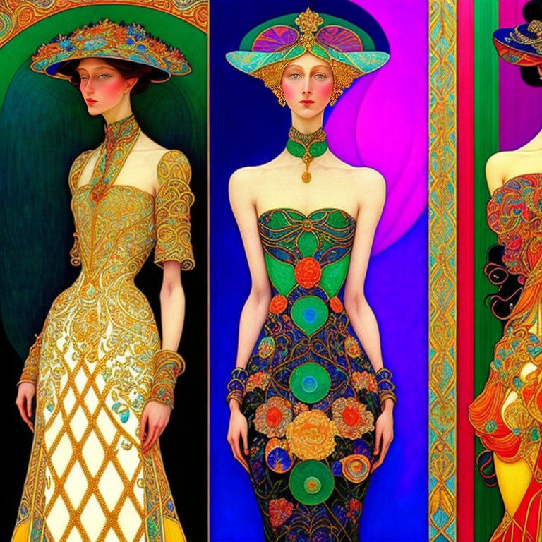 Stylized women in ornate Art Nouveau dresses against vibrant backdrops