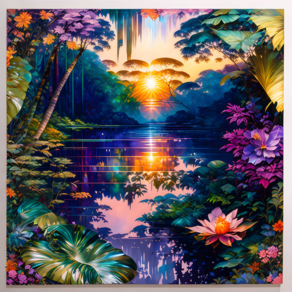 Tropical paradise illustration with lush foliage, flowers, lake, and waterfall