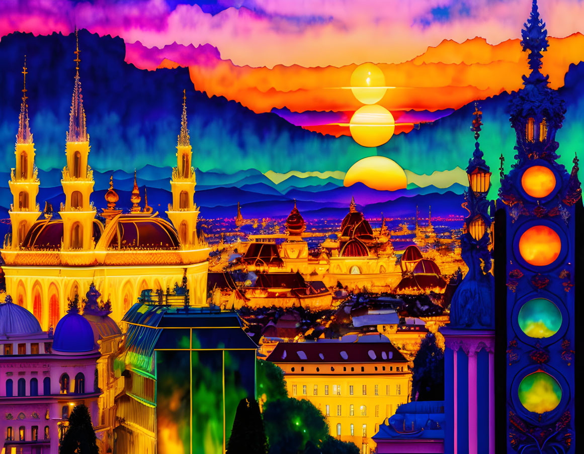 Colorful sunset cityscape with classical architecture and multiple suns.