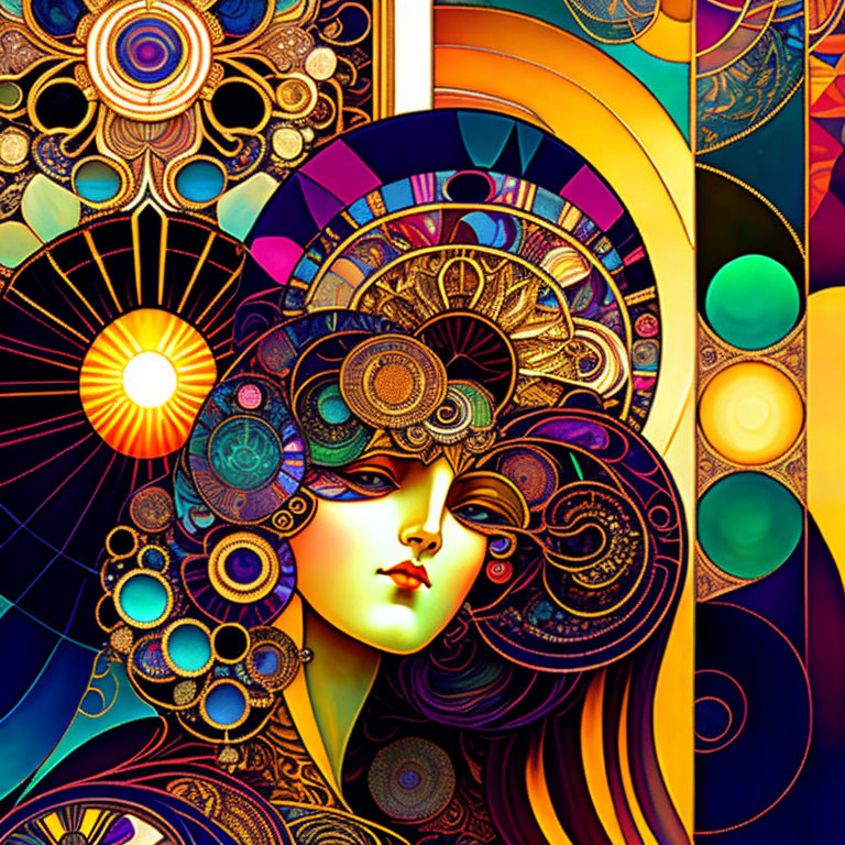 Colorful digital artwork of stylized female figure with ornate decorations and geometric patterns