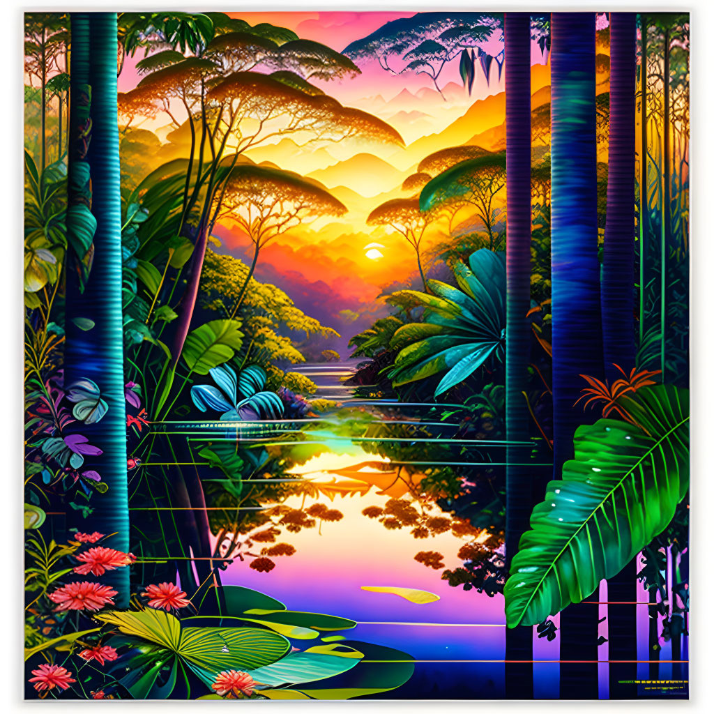 Colorful Tropical Forest Sunset Illustration with River and Mountains