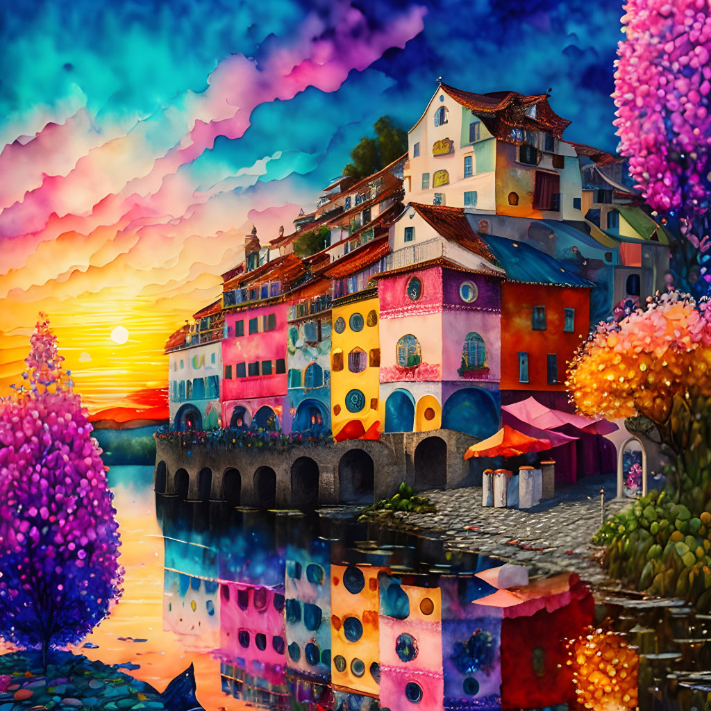 Vibrant sunset sky over colorful waterfront buildings