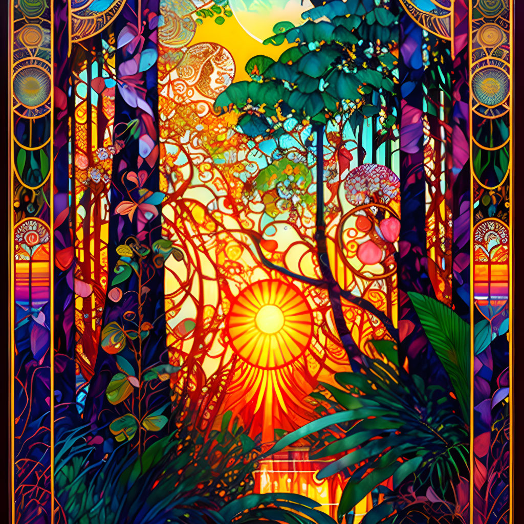 Colorful Stained-Glass Style Sun Illustration with Trees and Geometric Shapes