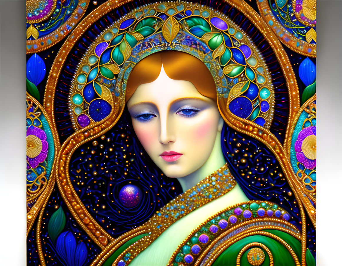 Vibrant digital artwork: Woman with ornate headdress in cosmic setting