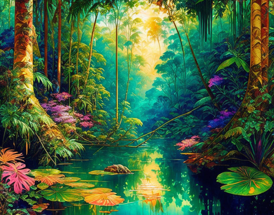 Lush Jungle Scene with Colorful Foliage and Tranquil Pond