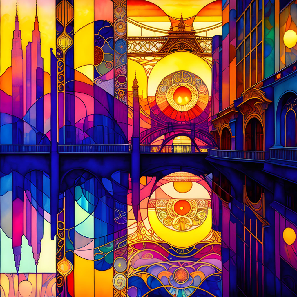 Colorful Stained Glass Style Illustration of Architectural Landmarks