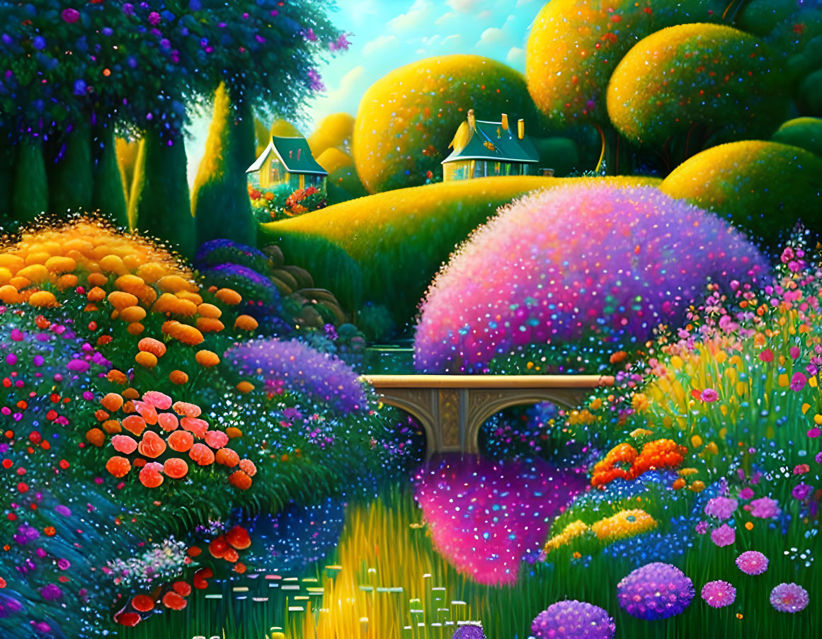 Colorful landscape with green trees, flowers, bridge, and houses