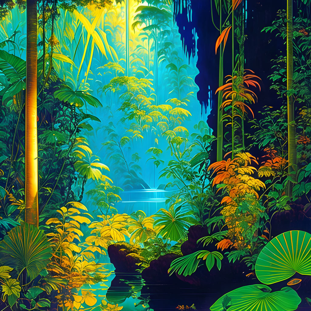 Lush Neon-Lit Jungle with Stream and Tropical Foliage