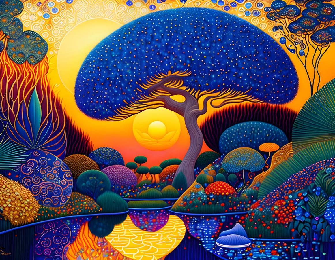 Colorful Psychedelic Landscape with Blue Tree and Whimsical Mushrooms