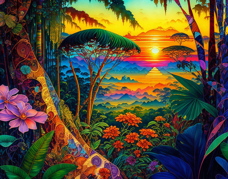 Stylized lush jungle with radiant flowers and setting sun