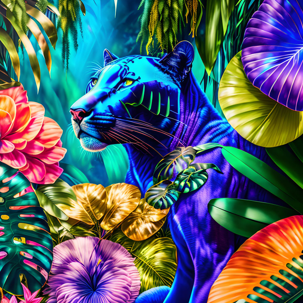 Neon Blue Jaguar Artwork in Lush Tropical Setting