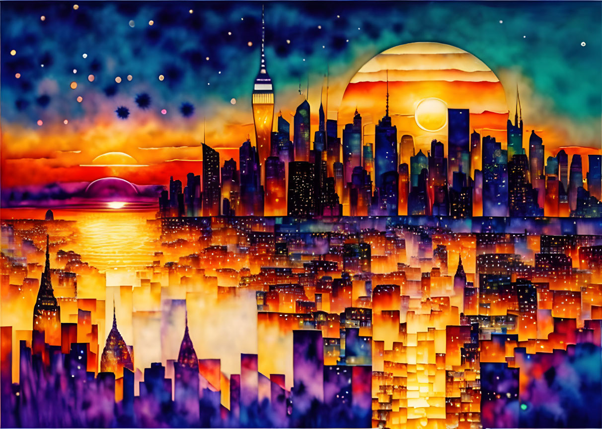 Surreal cityscape painting with full moon and warm colors