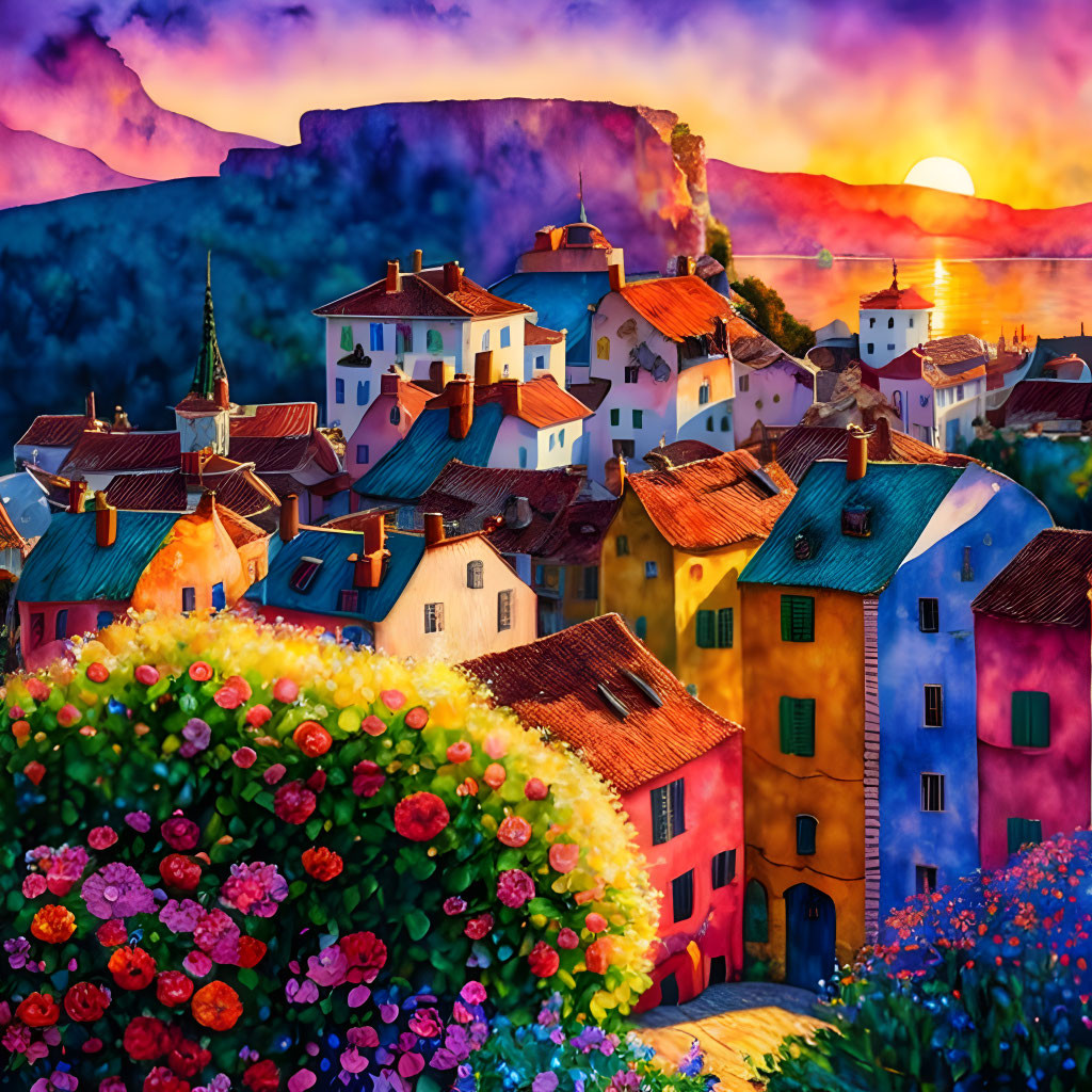 Colorful Houses in Sunset Glow with Flowers and Mountains