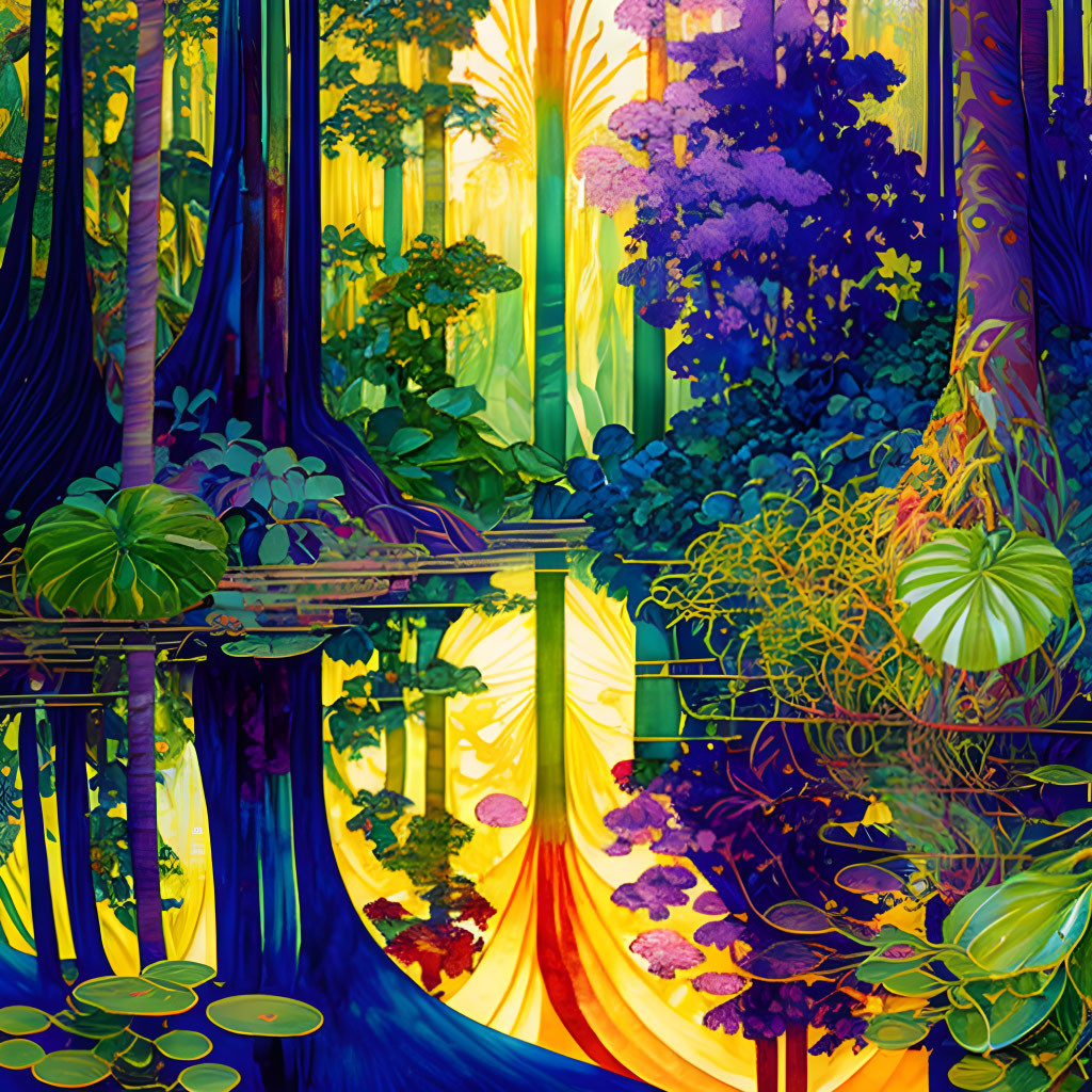 Enchanted forest illustration with colorful flora and sunlight