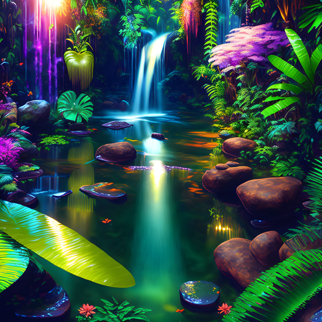 Enchanting Nocturnal Garden with Waterfall and Exotic Flora