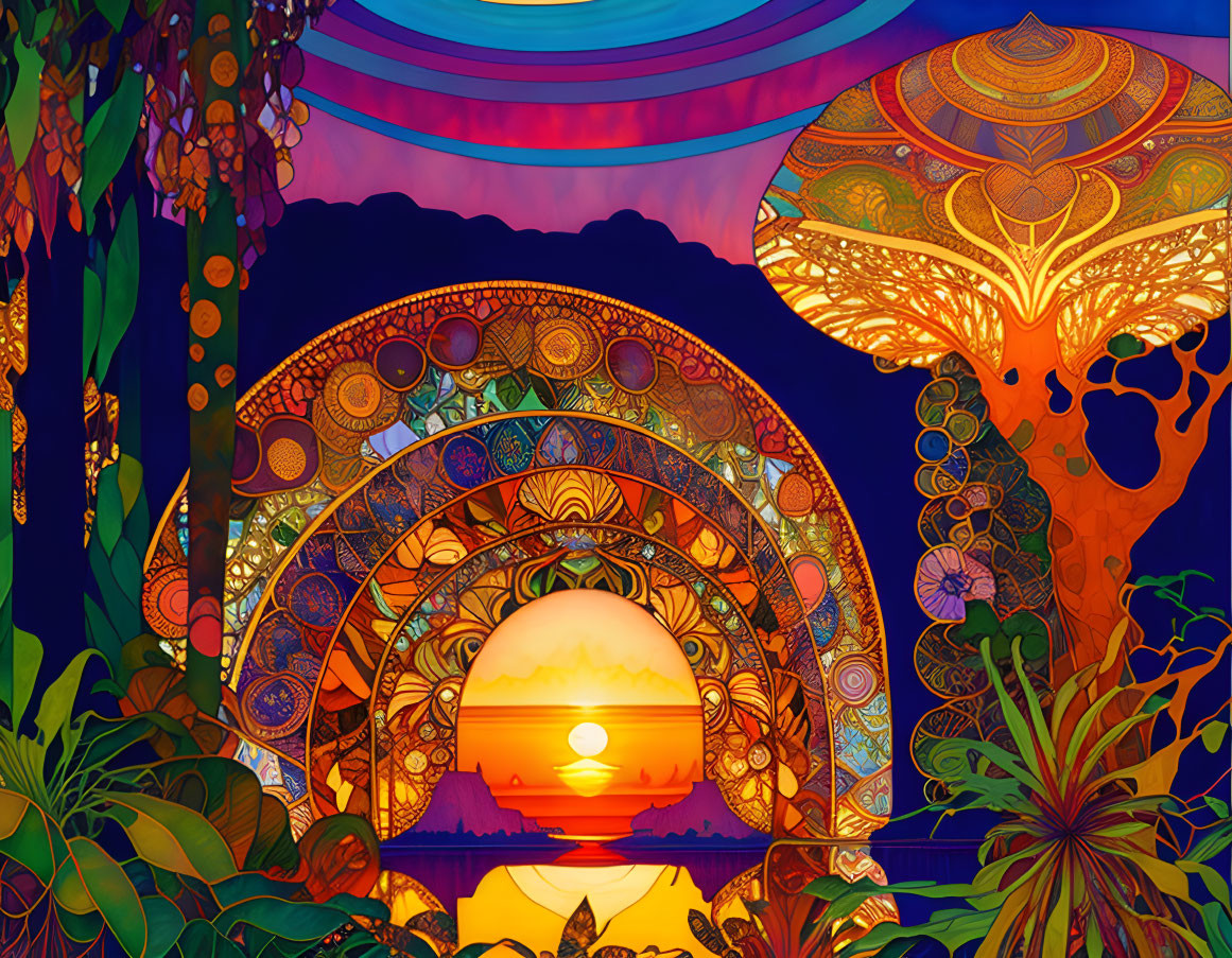 Colorful sunset scene with arch, flora, and whimsical tree