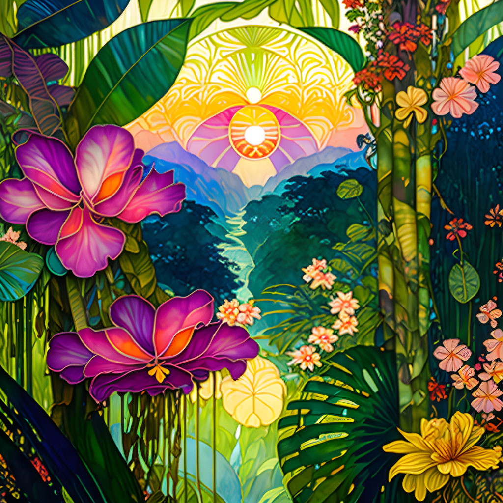 Colorful Tropical Scene with Flowers, Foliage, River, and Sunrise