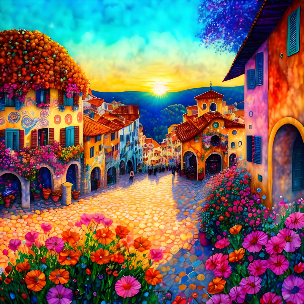 Colorful sunset village scene with cobblestone streets and bright flowers