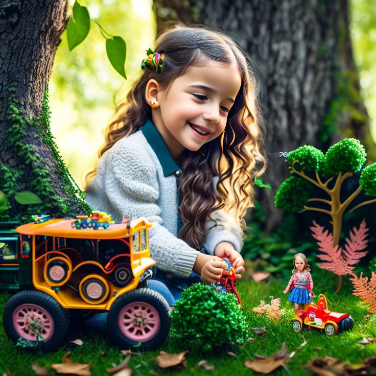 Young girl playing with toy truck and doll in vibrant garden setting