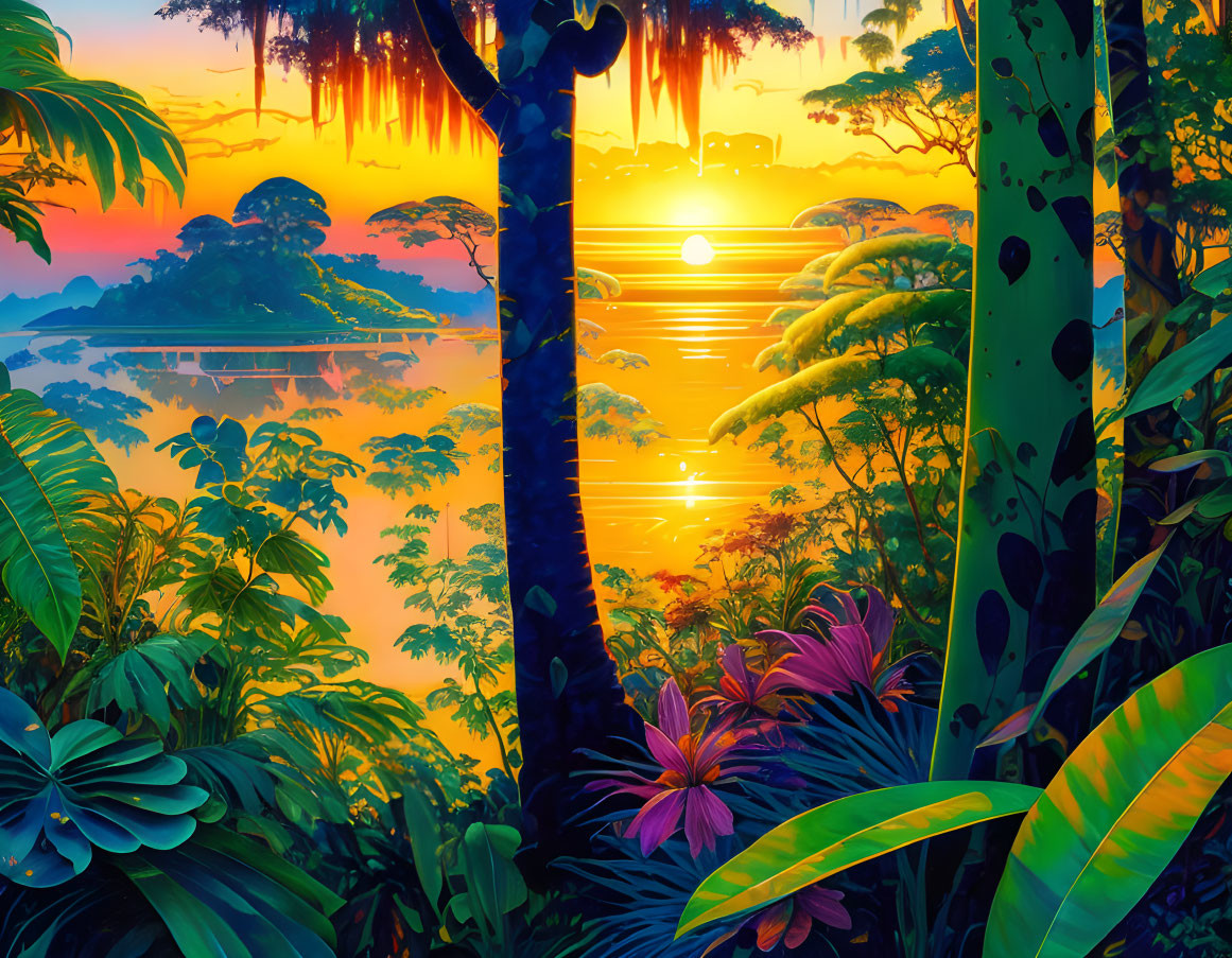 Scenic tropical sunset over serene lake