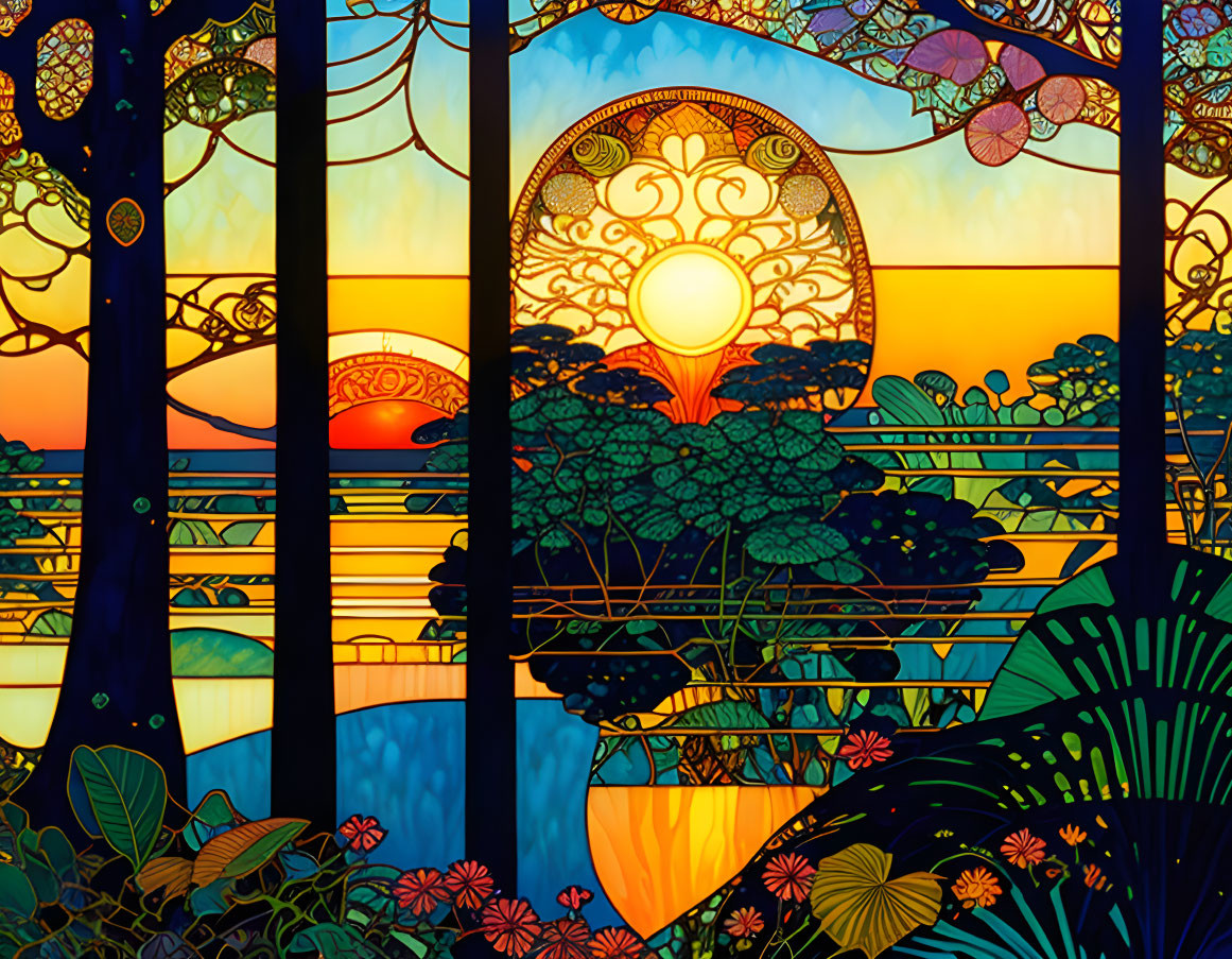 Vibrant sunset with trees in stained glass style