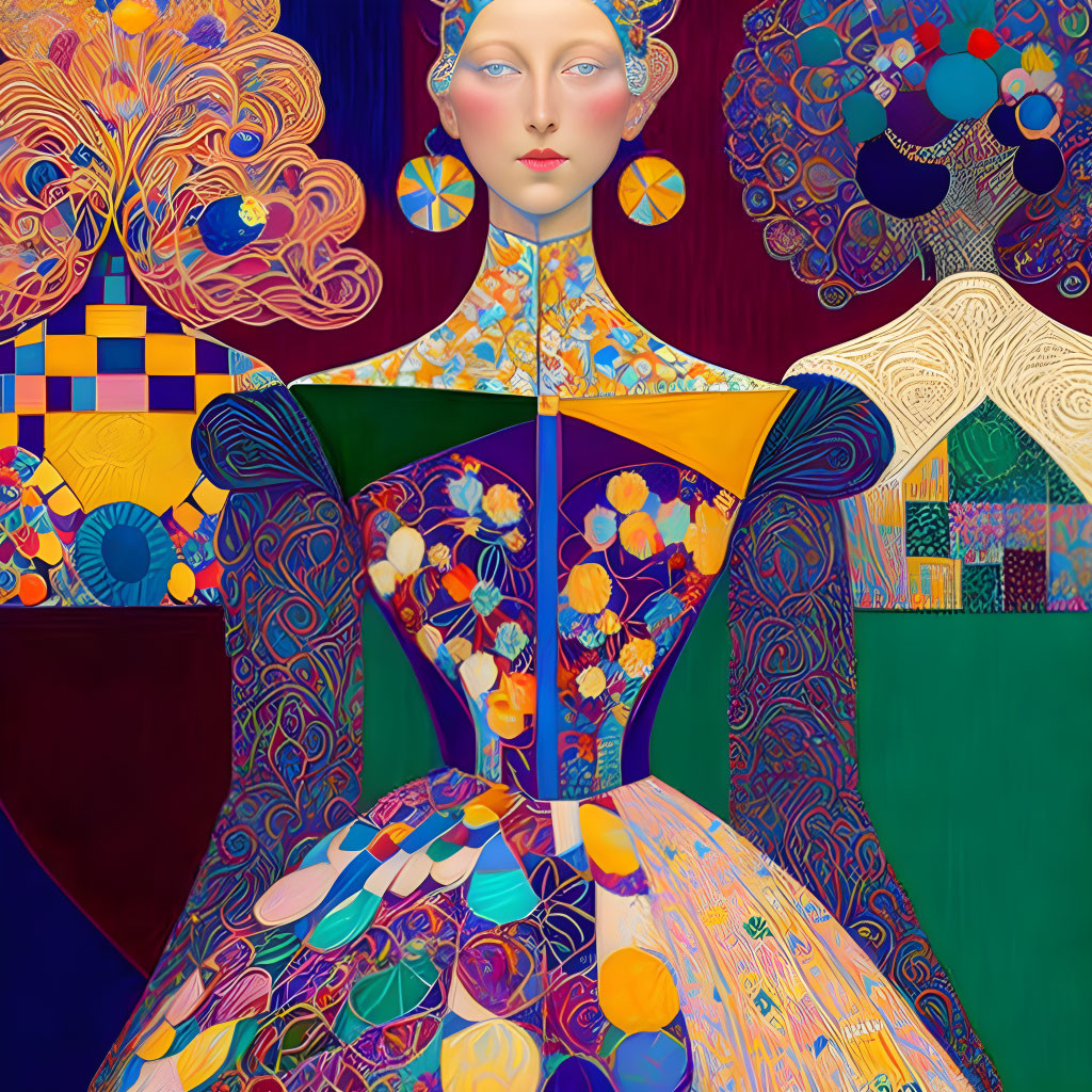 Colorful digital artwork of a pale-skinned woman in decorative attire