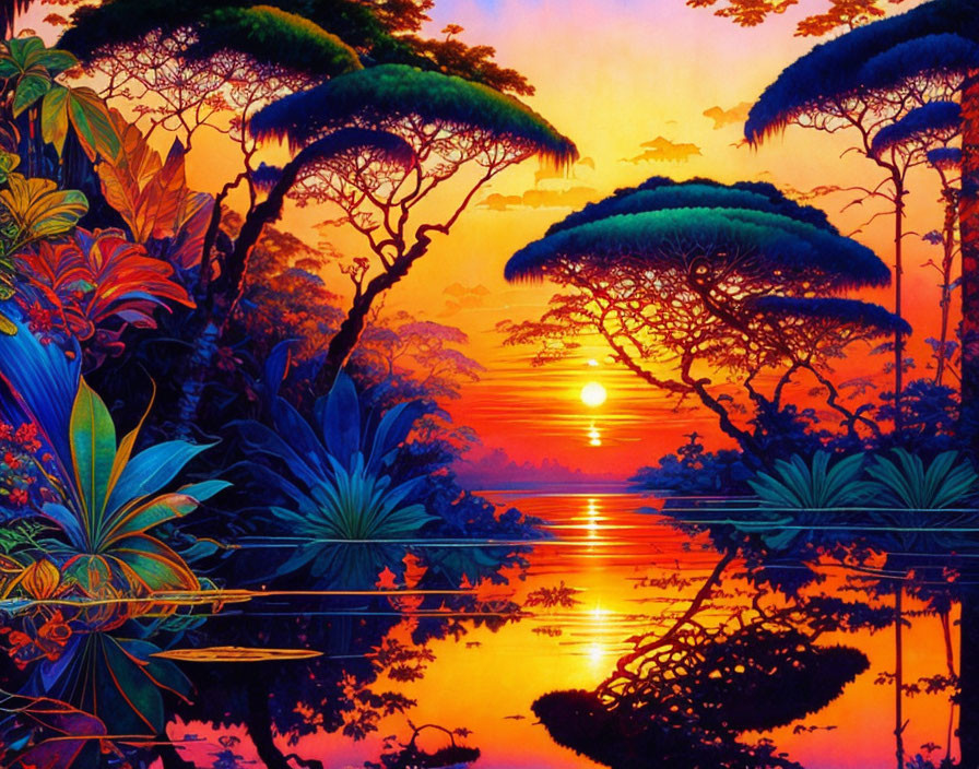 Vibrant digital artwork: Tropical sunset with mirrored reflections on water