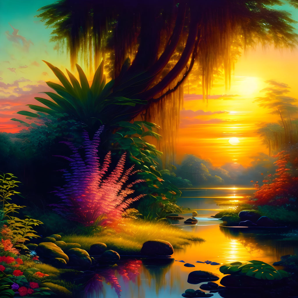 Colorful Tropical Sunset Landscape with River & Moss-Covered Tree