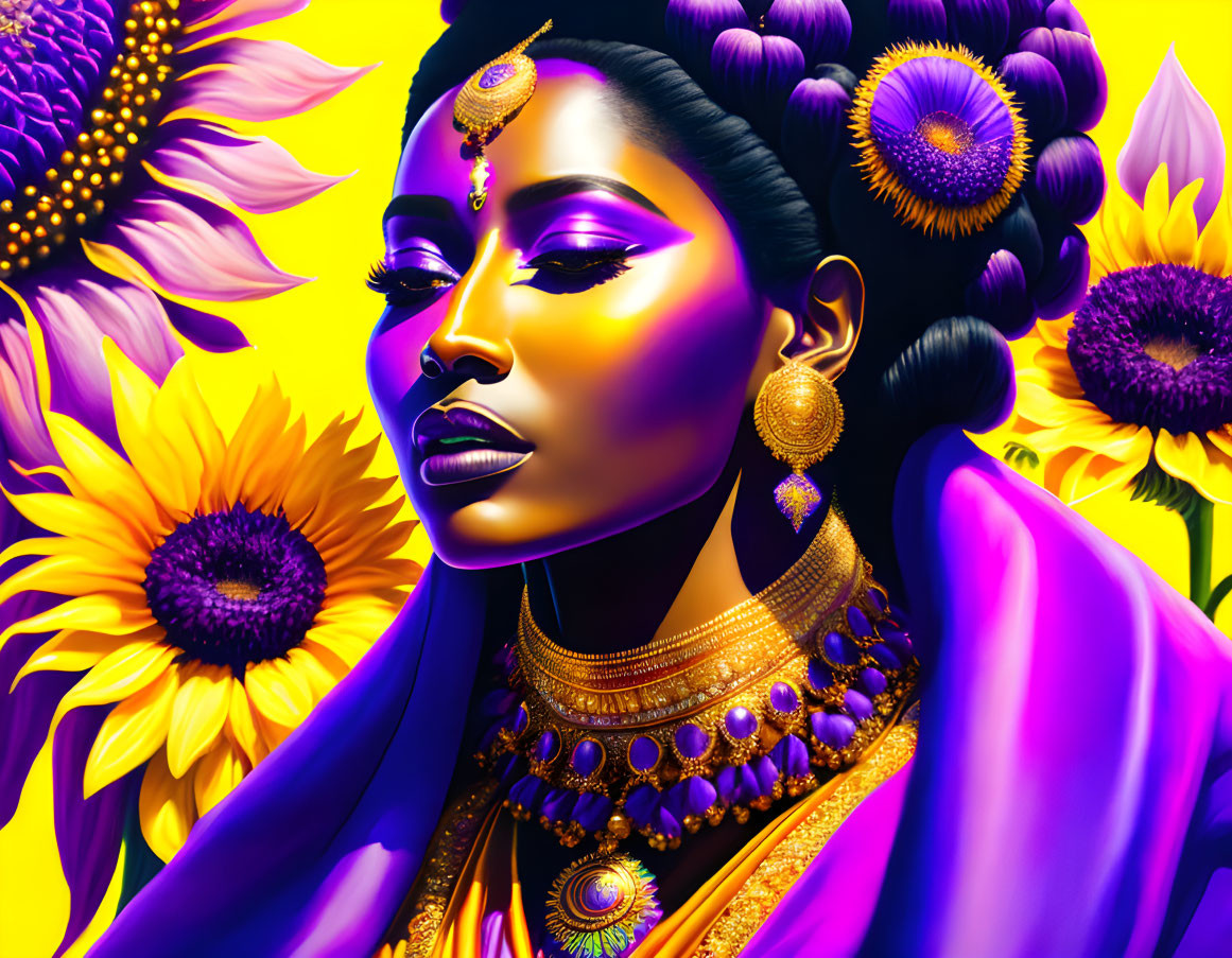 Colorful illustration of a woman in gold jewelry and purple attire among yellow and purple flowers