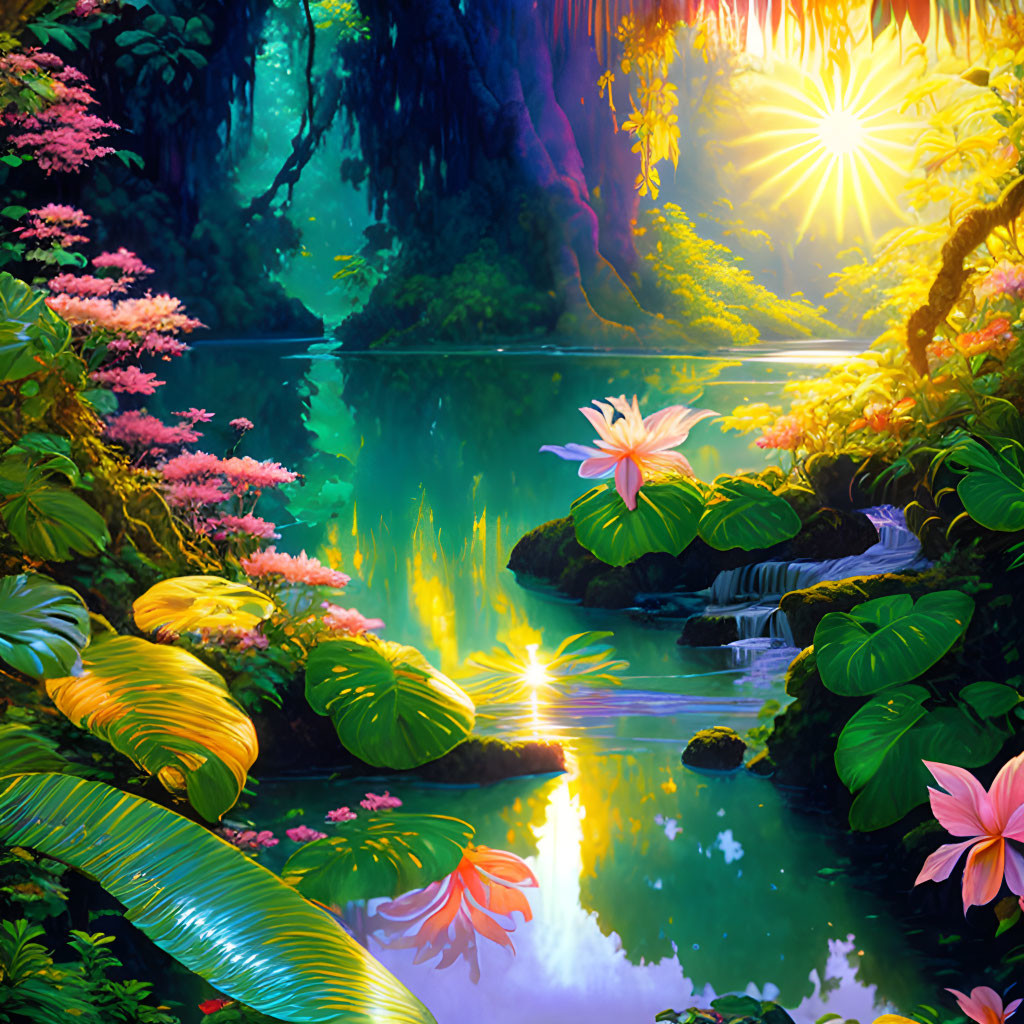 Lush forest scene with radiant sunlight and tranquil river