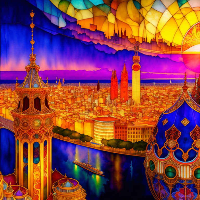 Colorful cityscape artwork with ornate towers and river at dusk